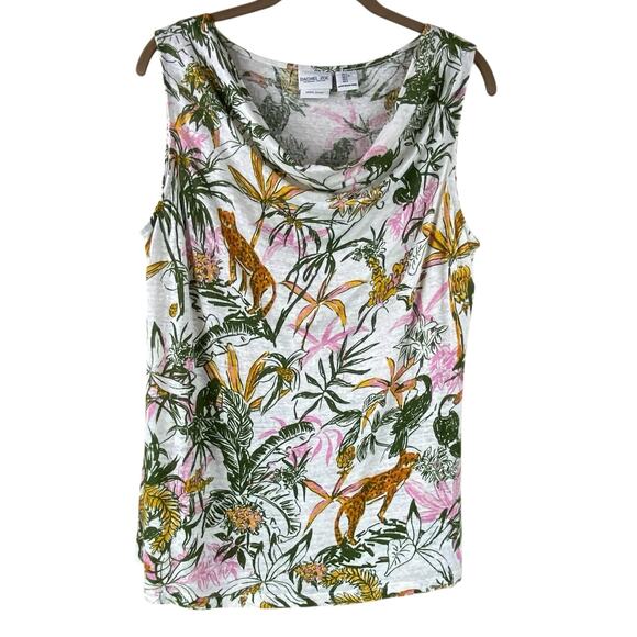 Rachel Zoe 100% Linen Knit Tank Top Size L Tropical Jungle Cheetah Floral - Picture 1 of 8